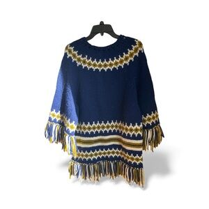 Vintage Knit Poncho Blue Yellow and Cream with Fringe Western Style Size M/L